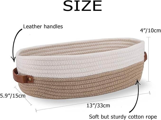 Oradrem 2 Pack Cotton Rope Bathroom Decor Basket,Toilet Paper Holder Basket,Farmhouse Home Decor Organizing Baskets 13"x5.9"x4" Brown Stitching White