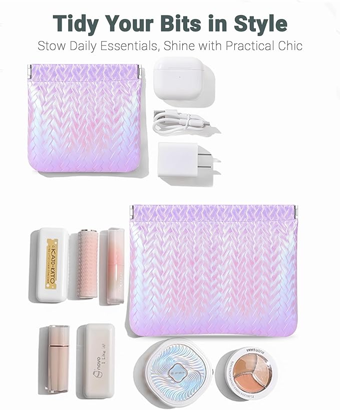 MXXUUOOM 2 Pack Small Makeup Bag for Purse Leather Cosmetic Pouch Organizer, Snap Closure Holographic Woven Makeup Bag, Mini Lipstick Coin Pouch, Travel Makeup Organizer for Women purple