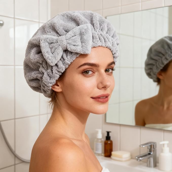 HOPESHINE Microfiber Hair Towel Cap for Women Wet Short or Long Curly Hair Super Absorbent Quick Dry Turbans Anti Frizz Great Gift for Women and Girls (Black+Grey, 2)