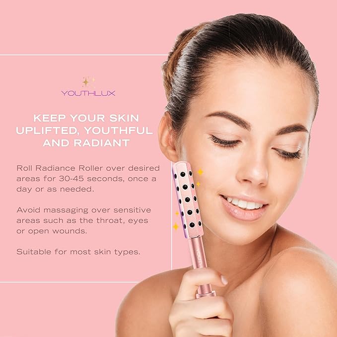YOUTHLUX Radiance Roller – Germanium Stone Facial Massage Tool/Wand Face Roller for Lifting, Sculpting, De-Puffing, Glow Boost, Energizing & Cooling Effect (Rose Gold)