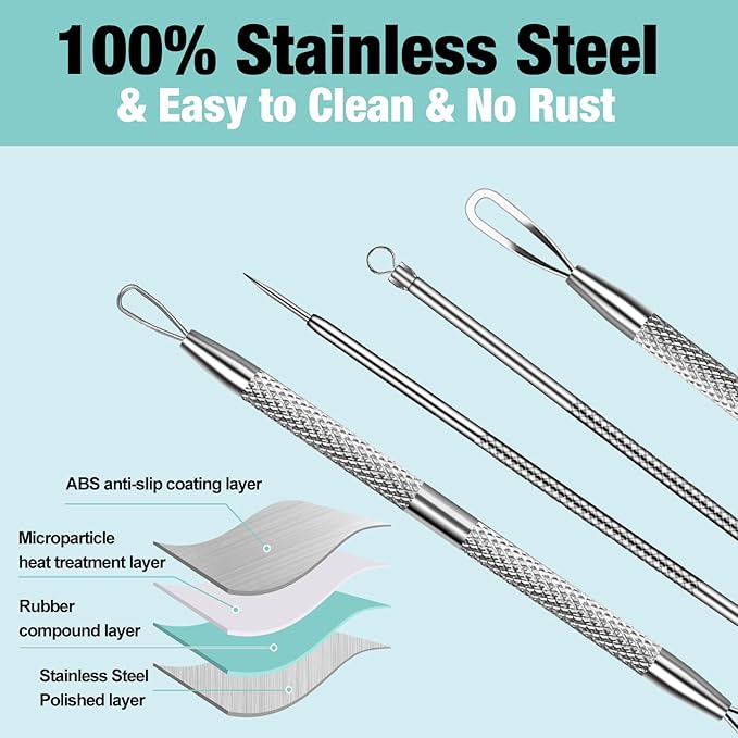 MUIIGOOD 3Pcs Blackhead Remover Pimple Popper Tool Kit Pimple Extractor Acne Treatment Surgical Grade Blackhead Comedone Removal Popper Tool Cleaning Brush for Face Nose Lips