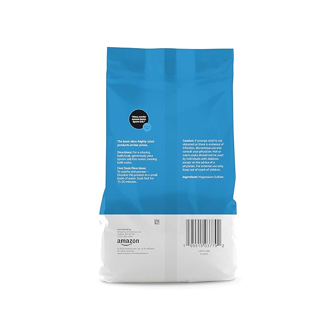 Amazon Basics Epsom Salt Soak, Unscented, Magnesium Sulfate USP, Muscle and Feet Relaxation, Resealable Bag, 3 Pound