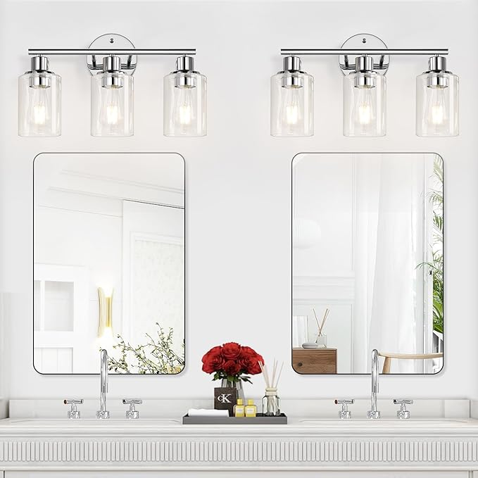 Zarbitta 3-Light Bathroom Light Fixtures, Chrome Bathroom Wall Light with Clear Glass Shade, Bathroom Wall Lamp for Mirror Kitchen Living Room Hallway Cabinet