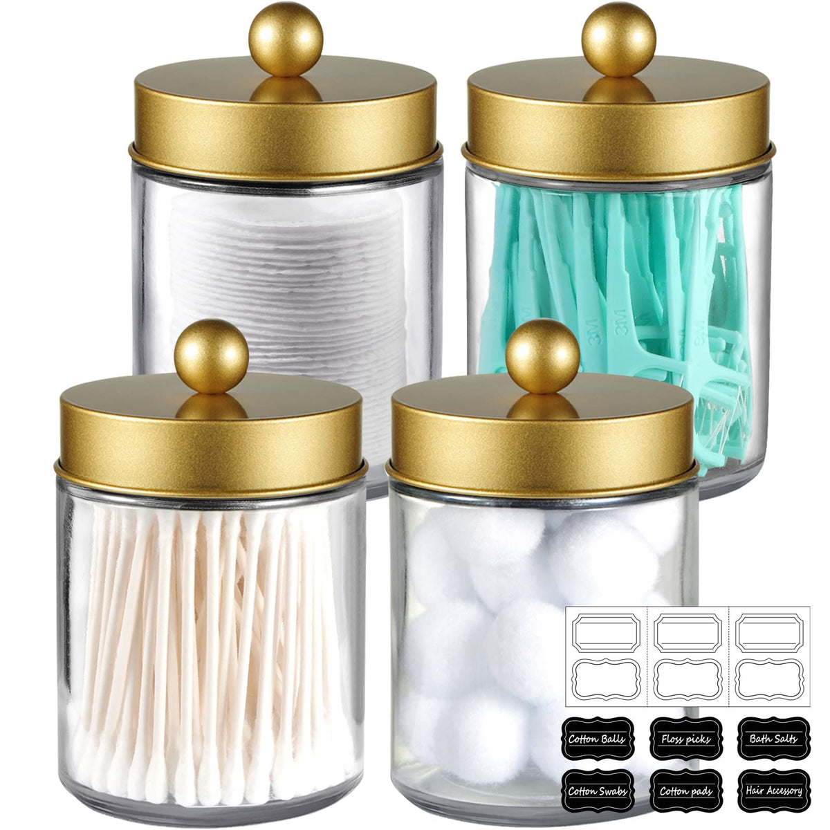 Amolliar Green Glass Apothecary Jar, Qtip Holder Bathroom Decor Gold 4 Pack