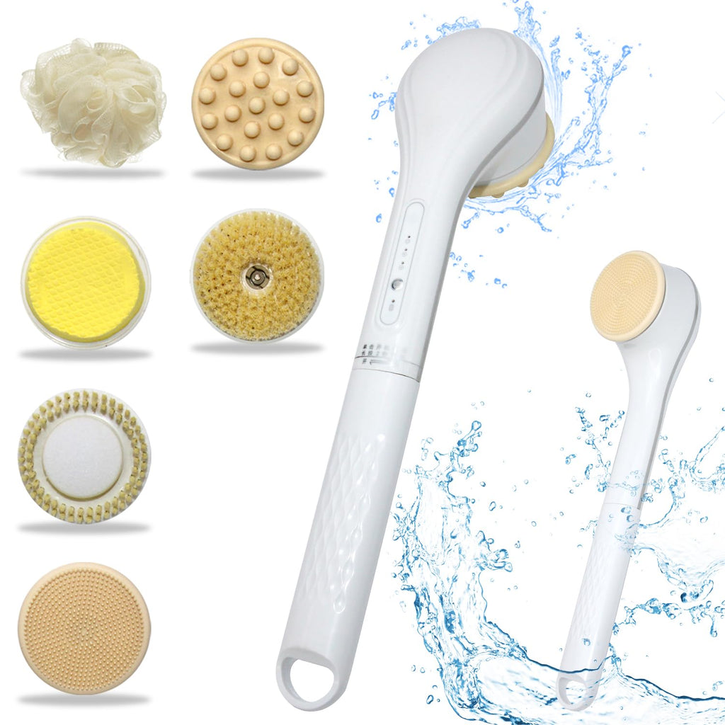 Electric Body Brush Set, Electric Body Brush for Shower, exfoliating Bath Brush with Long Handle, for Shower Lotion applicator, Back Silicone Body Scrub, with 6 Shower Brush Heads (White)