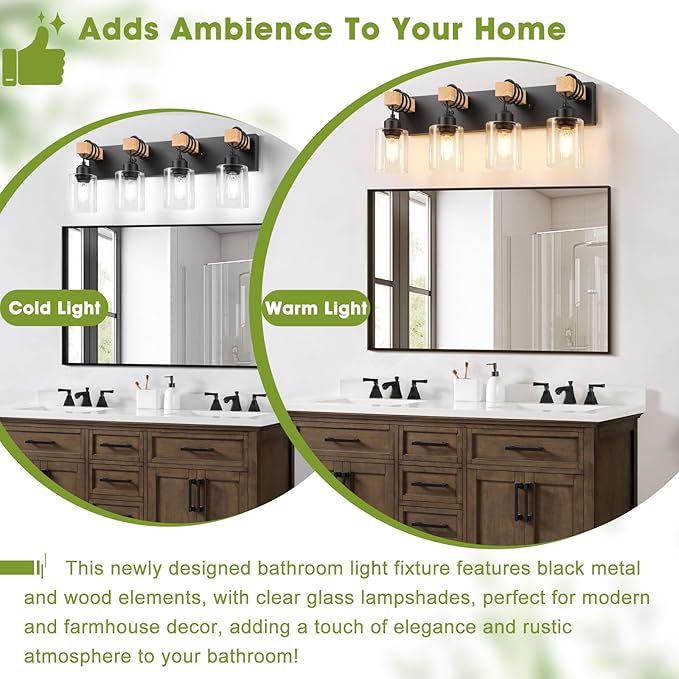 Licperron 4-Lights Farmhouse Vanity Lights for Bathroom, Matte Black Bathroom Light Fixtures with Clear Glass Shade, Rustic Wood Wall Lighting Fixtures Over Mirror for Bedroom, Living Room, Hallway