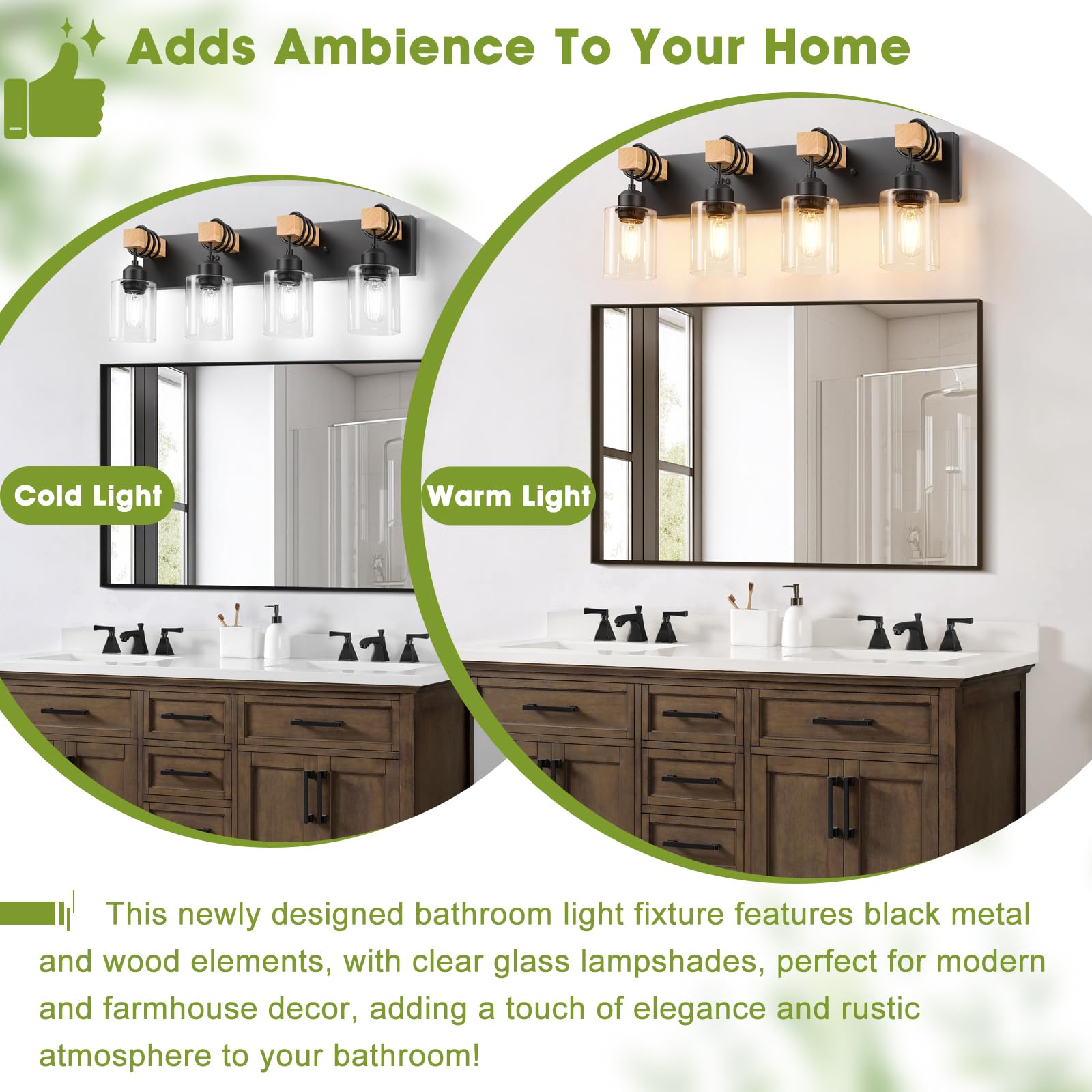 Licperron 4-Lights Farmhouse Vanity Lights for Bathroom, Matte Black Bathroom Light Fixtures with Clear Glass Shade, Rustic Wood Wall Lighting Fixtures Over Mirror for Bedroom, Living Room, Hallway