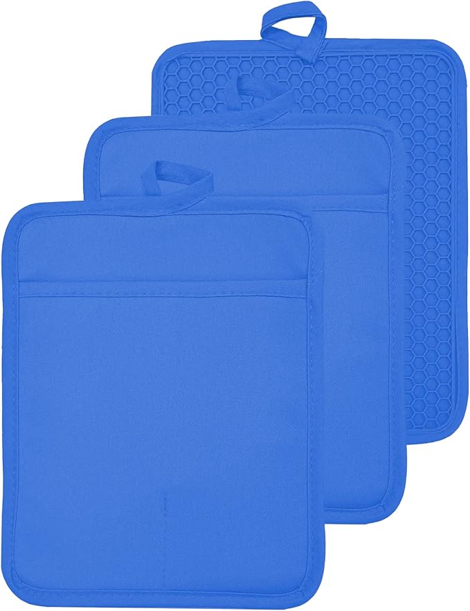 VEIKERY Oven Pot Holder with Pocket Cotton Heat Resistant Coaster Potholder Kitchen Hot Pad Oven Mitts for Cooking and Baking Square 7"x9" (Klein Blue, Silicone)