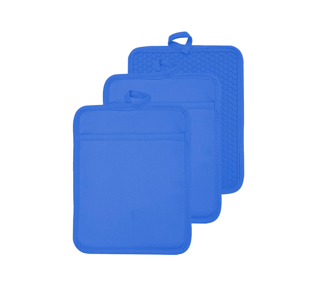 VEIKERY Oven Pot Holder with Pocket Cotton Heat Resistant Coaster Potholder Kitchen Hot Pad Oven Mitts for Cooking and Baking Square 7"x9" (Klein Blue, Silicone)