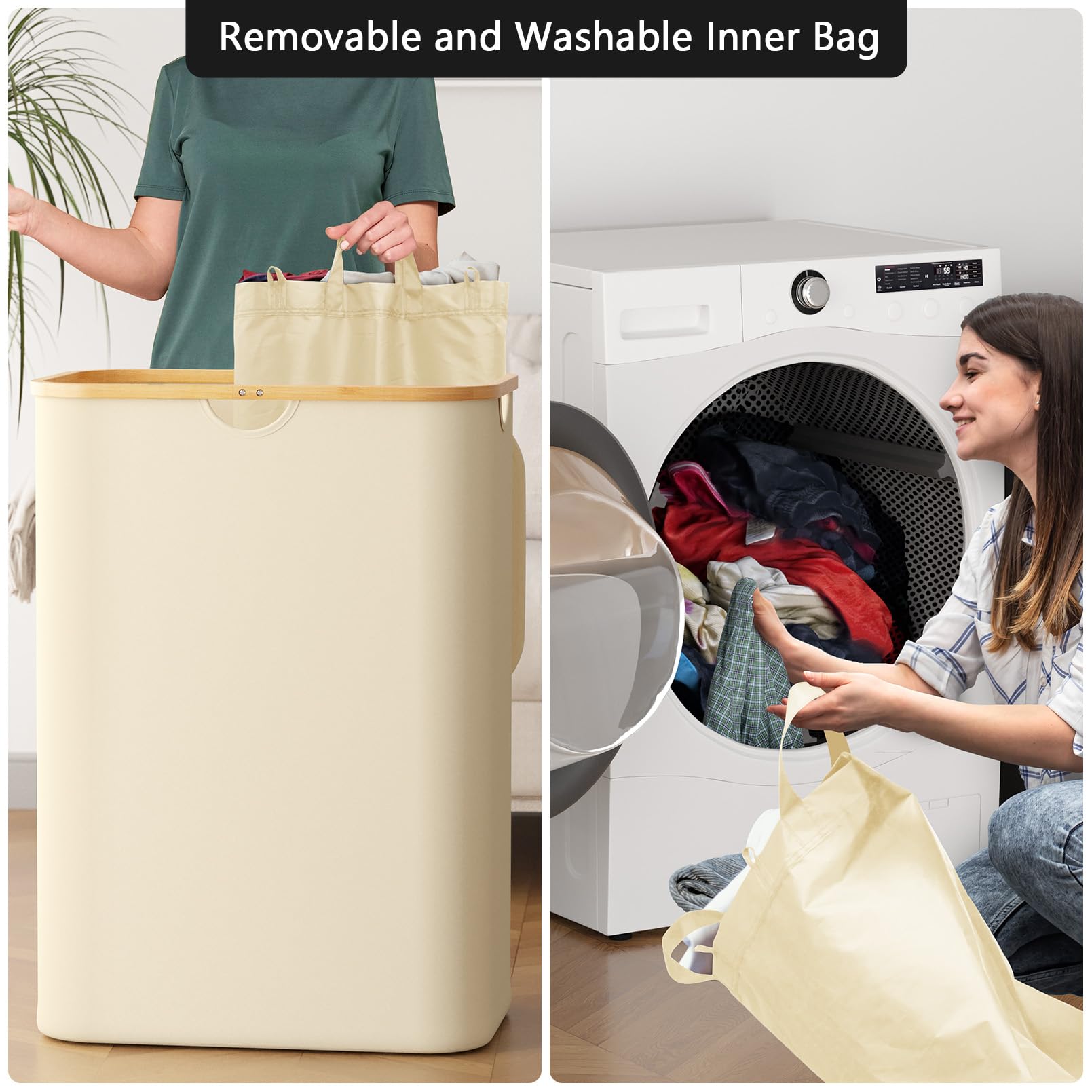 SpaceAid Double Laundry Hamper 2 Section with Lid and Removable Laundry Bags, 160L Clothes Basket with Bamboo Handles, Large Collapsible Hamper for Bedroom, Bathroom, Dorm, Laundry Room - Beige