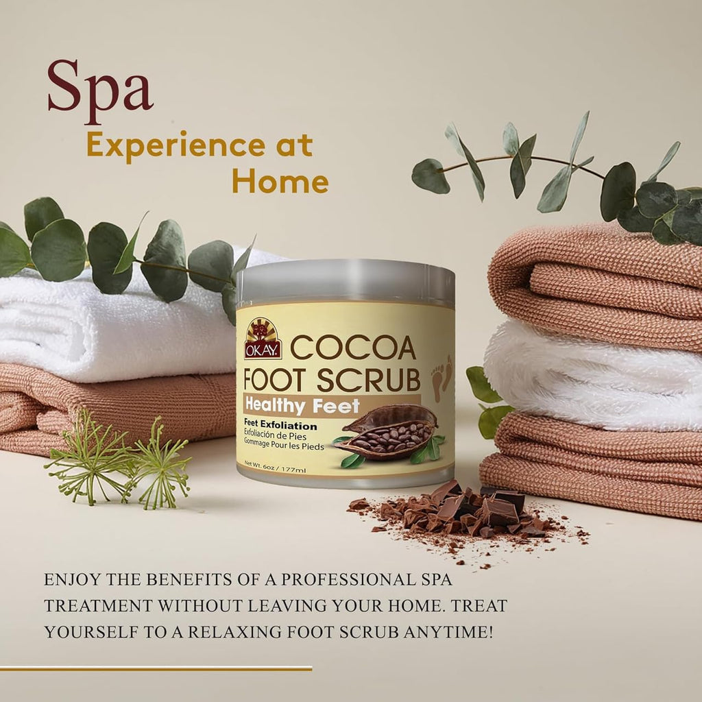 OKAY Cocoa Butter Foot Scrub 6 oz - Exfoliating Foot Care Scrub for Rough-Feeling Feet, Helps Remove Surface Buildup and Support Softer, Smoother-Feeling Skin, At-Home Pedicure and Self-Care Routine