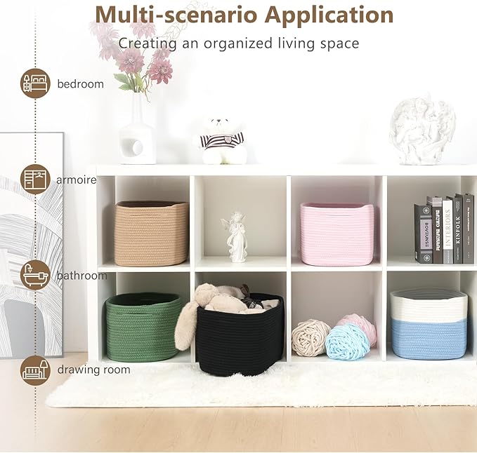 Cotton Rope Storage Basket, 15x10x9 Inches, Woven Basket for Shelves, Clothes, Towels, Books, and Laundry, Green (2 Pack)