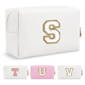 Small Personalized Initial A-Z Preppy Patch Makeup Bag,White PU Chenille Letter Travel Cosmetic Pouch with Zipper,Cute Toiletry Bag,Gift Ideal for Teen Girls Women Teacher Bridesmaid,Letter S