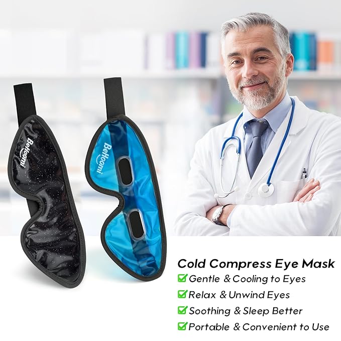 BeHoomi 2Packs Cooling Eye Masks, Ice Eye Mask Cold Compress for Eyes, Reusable Cold Gel Eye Mask for Eye Relaxation, Comfort Snug Fit, Eye Cover for Home, Office, Black & Blue