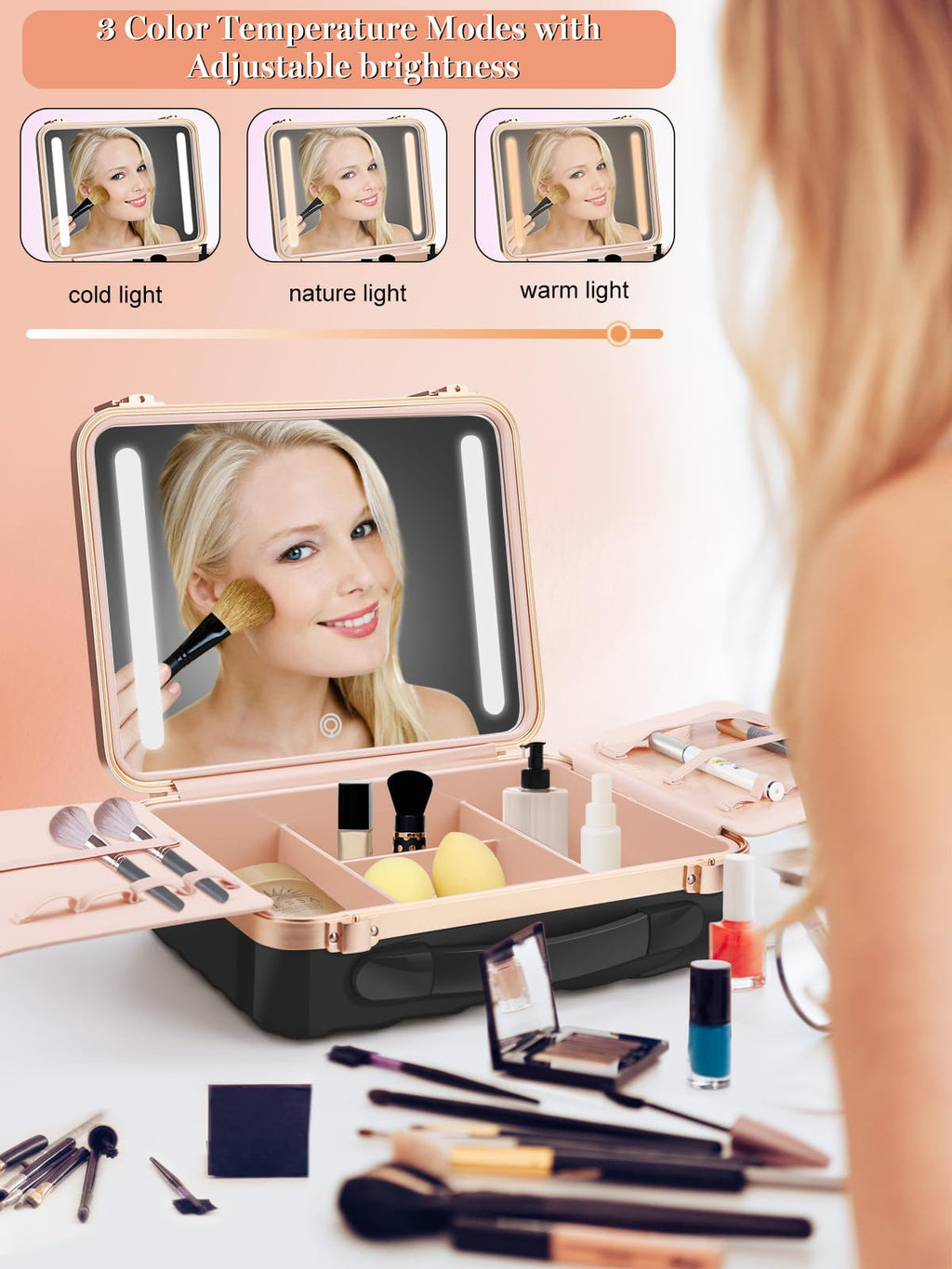 Kalolary Travel Makeup Train Cases with Lighted Mirror 3 Color Setting, Makeup Bag Cosmetic Case Organizer Adjustable Brightness Portable Makeup Storage Box For Makeup Brushes Accessories Tools,Black