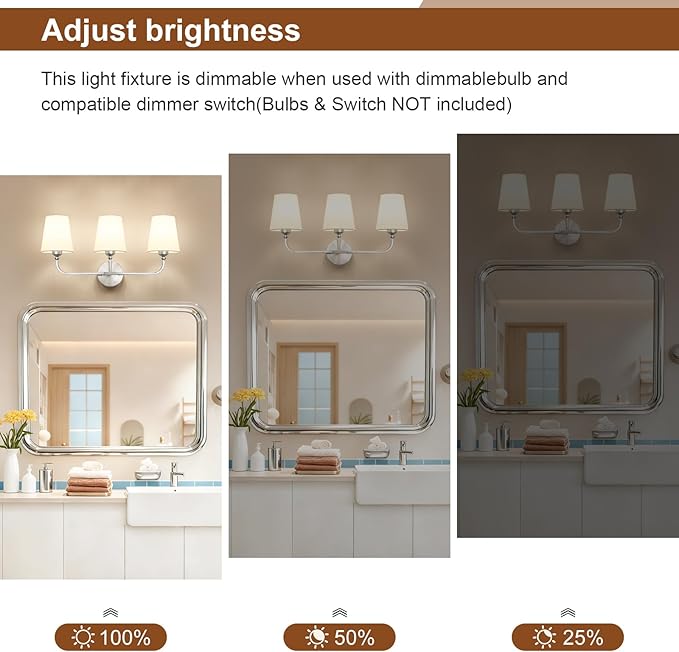 Bathroom Vanity Light, Brushed Nickel Bathroom Light Fixtures, 3-Light Lighting Fixtures Over Mirror, Modern Wall Sconce with Flared White Fabric Shade, E26 Socket(ETL Listed)