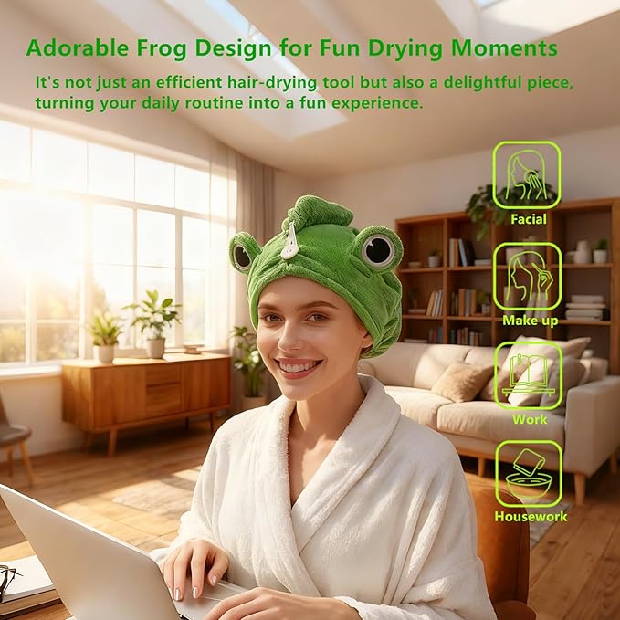 2-Pack Frog Hair Turbans, Super Absorbent Microfiber Hair Towels for Long Hair, Quick Dry, Cute Animal Design, Gift for Women Girlfriend Bestie