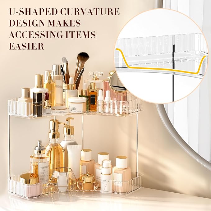 2-Tier Corner Bathroom Counter Organizer, Large Makeup Organizer For Vanity, Skincare Perfume Organizers For Women Or Men, Exquisite Corner Shelf For Bathrooms, Kitchens, Or Bedroom, (Clear, 2 Tier)