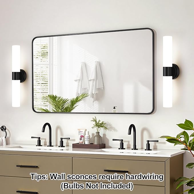 Wall Sconces Set of Two, Modern Bathroom Sconces Wall Lighting with Milky White Glass, Matte Black Sconces Wall Decor Set of 2 for Bathroom Mirror Bedroom Living Room Hallway