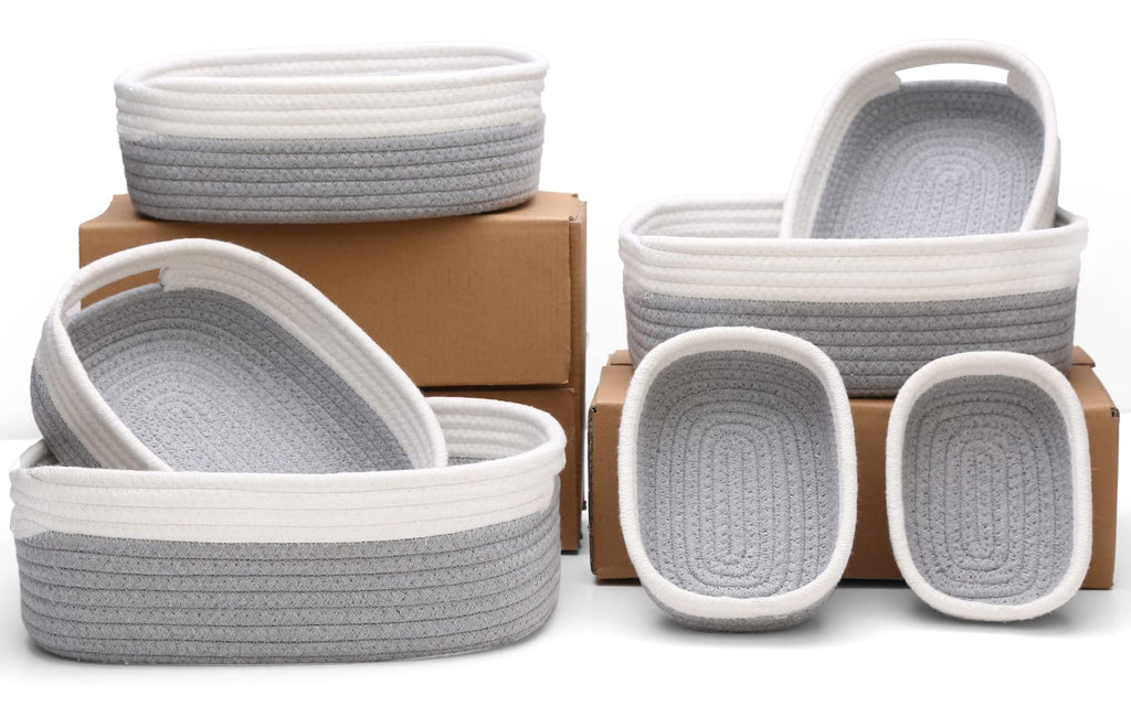 HLWDFLZ 7 Piece Cotton Rope Woven Basket Set - Small Basket for Baby Nursery, Pets, Montessori, Dog & Cat Toy Boxes, Bathroom Organization Bins (White/Gray)