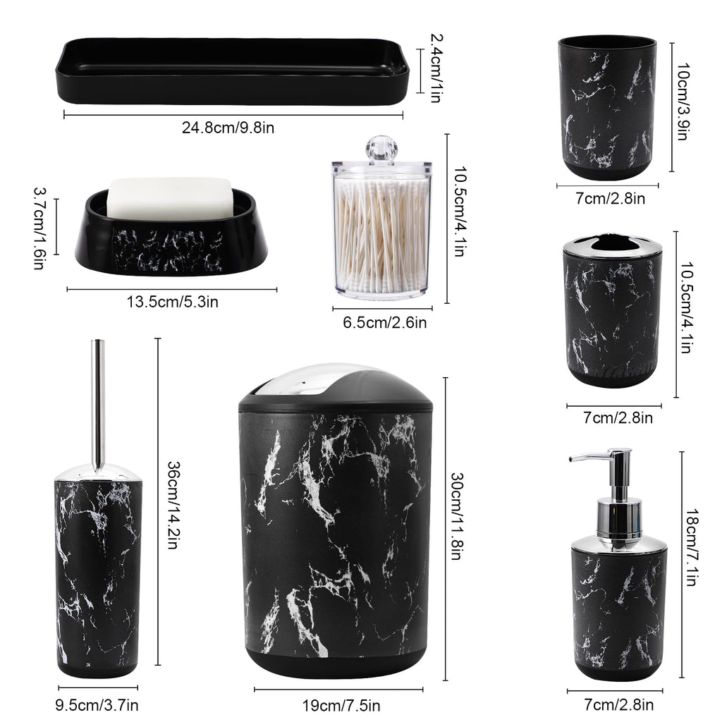 XLHOMO Black Marble Bathroom Accessories Set, Black Bathroom Set with Trash Can, Vanity Tray, Soap Dispenser, Soap Dish, Toothbrush Holder, Toothbrush Cup, Toilet Brush and Qtip Holders for Bathroom
