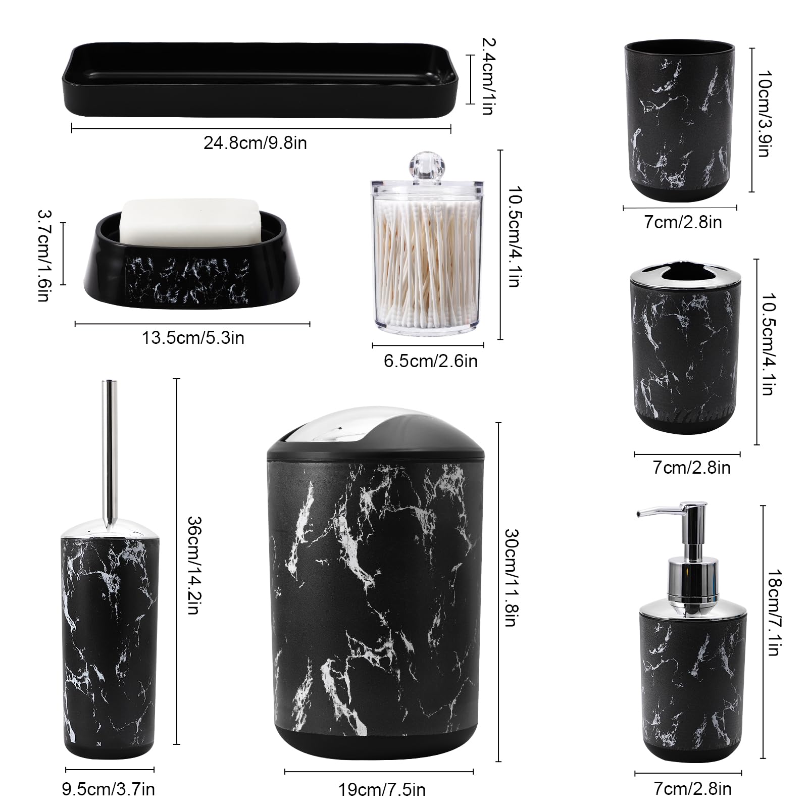 XLHOMO Black Marble Bathroom Accessories Set, Black Bathroom Set with Trash Can, Vanity Tray, Soap Dispenser, Soap Dish, Toothbrush Holder, Toothbrush Cup, Toilet Brush and Qtip Holders for Bathroom