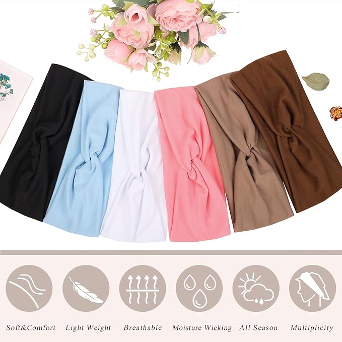 XTREND 6 Pcs Headbands for Women, Twisted Cross Elastic Head Bands Yoga Workout Non-Slip Sweat Soft Solid Color Simple Versatile Hair Accessory Hairbands