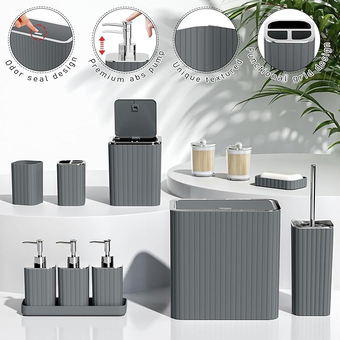 InnJoey Bathroom Accessory Set - Bathroom Set, 27PC Bathroom Accessories Set, Grey Bathroom Sets with Shower Curtain and Rugs, Mini Trash Can, Toilet Brush, Trash Can & Soap Dispenser