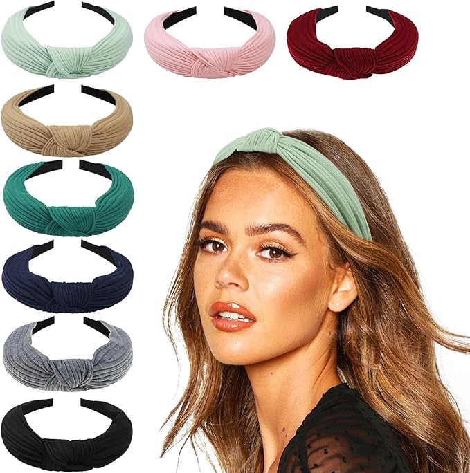 DRESHOW 8 Pack Knotted Headbands for Women Wide Turban Headband Yoga Exercise Ribbing Head Wraps Hair Bands Accessories