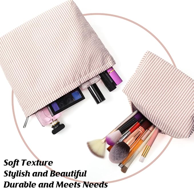 2 Pcs Makeup Bag Set Cute Cosmetic Pouch for Women Seersucker Travel Toiletry Bag Preppy Small Makeup Purse Pouch Aesthetic Skincare Brushes Storage Organizer for Valentine Women(Khaki)