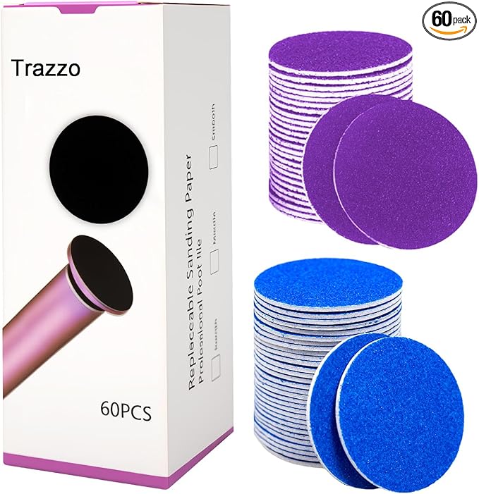 Trazzo 80/120/180 Grit Replacement Sanding Discs for Electric Foot File - Color-Coded Refill Sandpaper Pads for Callus Remover, Fits Most Round Foot Grinders (60PCS)