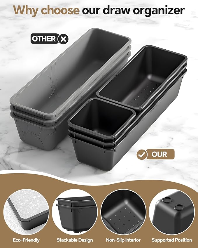 13 Pack Plastic Drawer Organizers Set, 3 Sizes Desk Drawer Organizer Trays for Vanity and Makeup Organizer, Organization and Storage for Makeup, Kitchen Utensils, Bathroom and Office(Black)