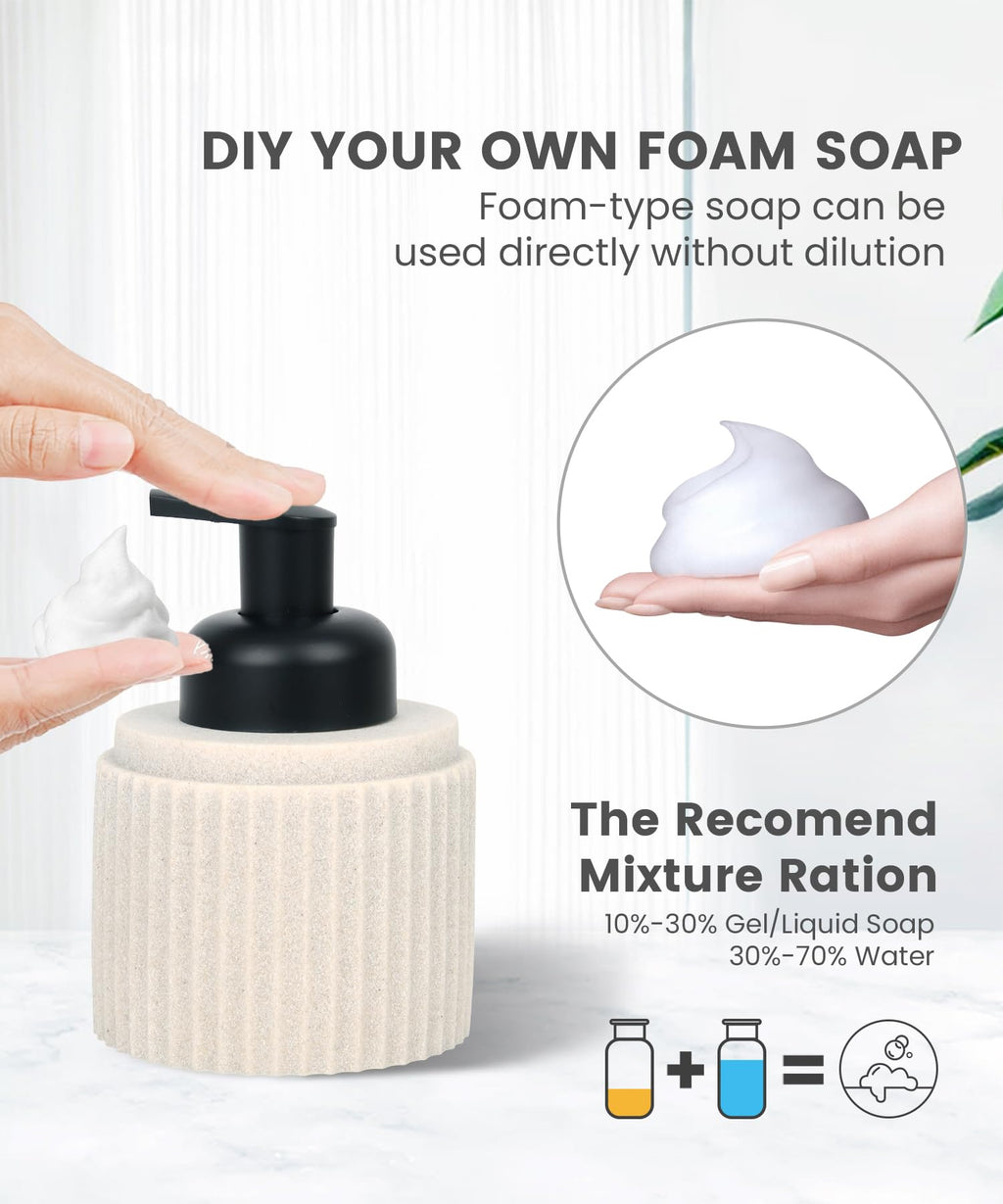 Beige Bathroom Accessory Set - 6 Pcs: Toothbrush Holder, Lotion & Foaming Soap Dispensers, Qtip Holder, Vanity Tray, Bathroom Tumbler - Countertop Organizer