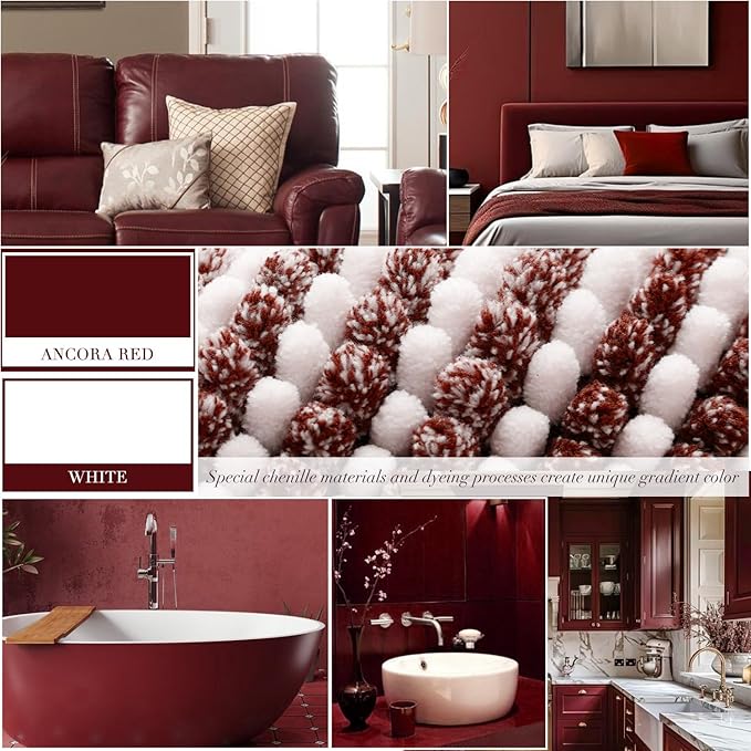 Bathroom Rugs and Mats Sets, 2 Piece Thick Absorbent Chenille Bath Mat Rug Set Non Slip, Soft Shaggy Bath Room Floor Mats for Bathroom, Machine Washable (Burgundy Red, 20" x 47" Plus 20" x 32")