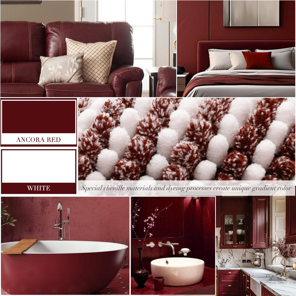 Bathroom Rugs and Mats Sets, 2 Piece Thick Absorbent Chenille Bath Mat Rug Set Non Slip, Soft Shaggy Bath Room Floor Mats for Bathroom, Machine Washable (Burgundy Red, 20" x 47" Plus 20" x 32")