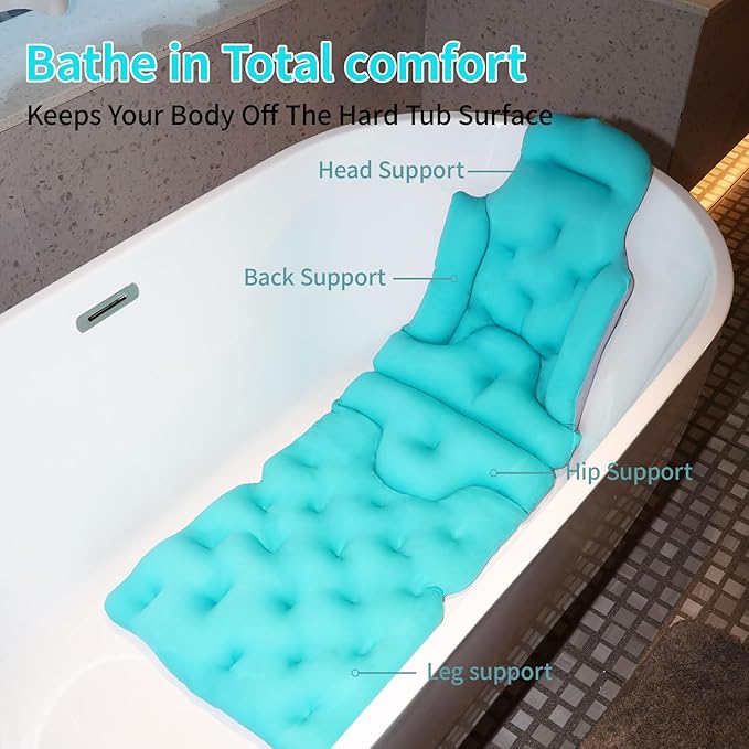 Flozerra Full Body Bath Pillow, 51"x16" Thick Bathtub Cushion with Laundry Bag, Neck & Back Support Pillow for Bathtub, Ocean Blue