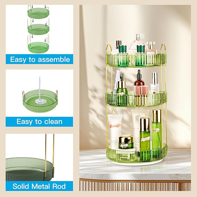 Niluks 360 Rotating Makeup Organizer - Large Capacity Spinning Perfume & Cosmetic Skincare Holder for Vanity & Countertop (Gem Green, 3 Tier)