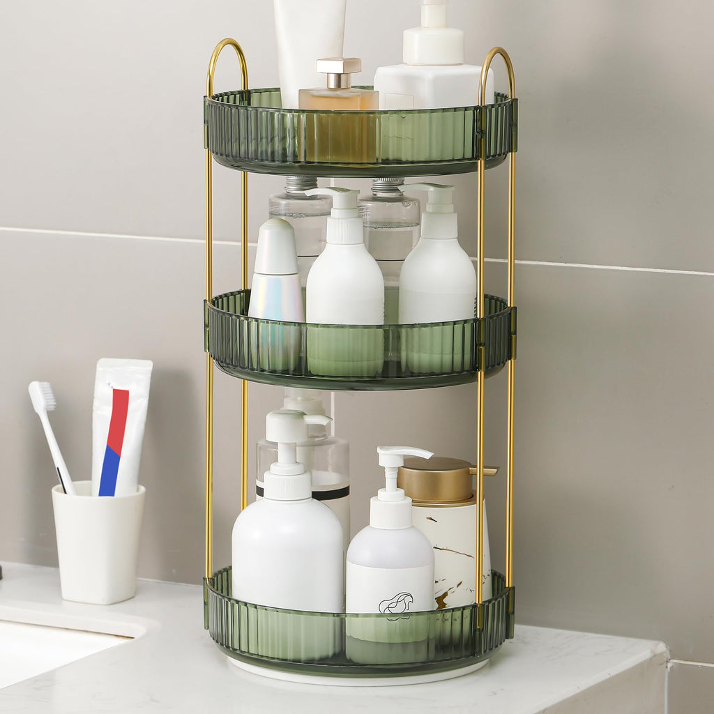YCIA&DONE 360 Rotating Makeup Organizer and Storage for Vanity Countertop 3 Tiers, High Capacity Cosmetic Skincare Perfume Organizers for Dresser Bathroom Lazy Susan (Vintage Green)