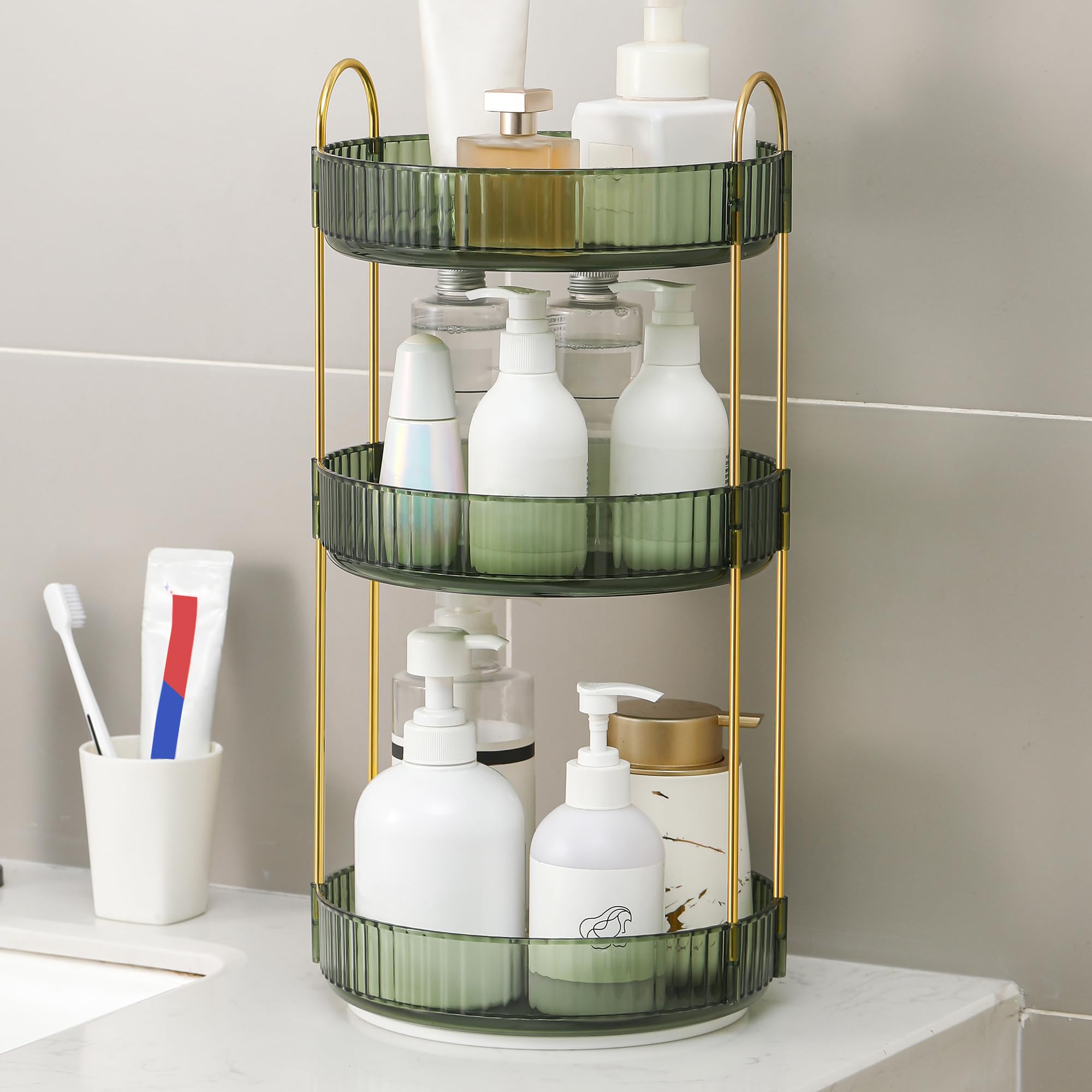 YCIA&DONE 360 Rotating Makeup Organizer and Storage for Vanity Countertop 3 Tiers, High Capacity Cosmetic Skincare Perfume Organizers for Dresser Bathroom Lazy Susan (Vintage Green)