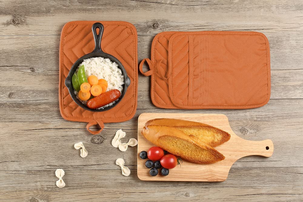 VEIKERY Oven Pot Holder with Pocket Cotton Heat Resistant Coaster Potholder Kitchen Hot Pad Oven Mitts for Cooking Square 7"x9"Set of 5 (Orange)