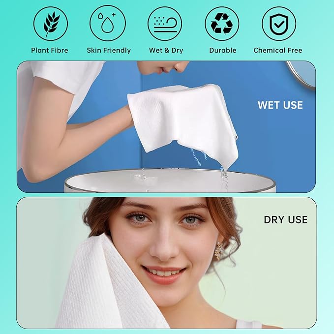 ONLYCARE Disposable Face Towel, Biodegradable Face Towels, 10" x 12" Super Thick Soft Facial Towels, 50 Count Towelettes Disposable for Sensitive Skin, Makeup Remover Dry Wipes, 1 Pack