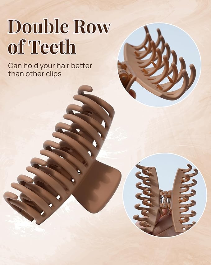 Mesovor 4 Pack Double Row Teeth Hair Claw Clips, 3.5" Large Strong Hold Matte Hair Clips for Thin and Short Fine Hair Accessories (Neutral Matte)