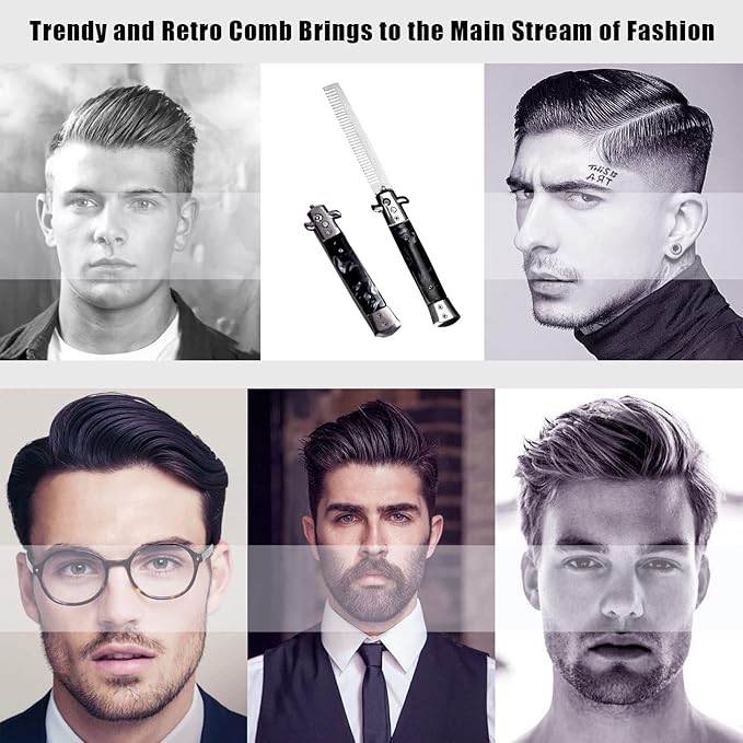 Folding Pocket Comb, Stainless Steel Beard Comb for Men, Switchblade Fine Tooth Mustache Combs Designed for Hair Salon Beauty Tool (Black)