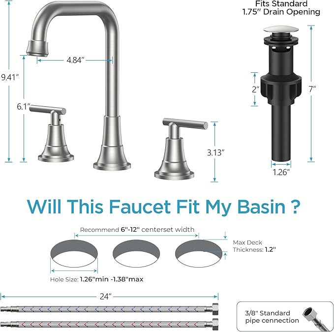 FORIOUS Brushed Nickel Bathroom Faucet 3 Hole with Dual Handles, 8 Inch Widespread Faucet for Bathroom Sink with Pop Up Drain Assembly and Water Suplly Hoses, RV Vantiy Farmhouse Ready