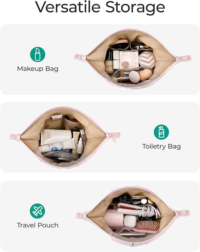 BAGSMART Makeup Bag Travel Makeup Bag, Cute Make Up Bag, Large Capacity Cosmetic Bags for Women, Wide-open Makeup Pouch Travel Essentials Toiletries Accessories Brushes (Nude Pink)