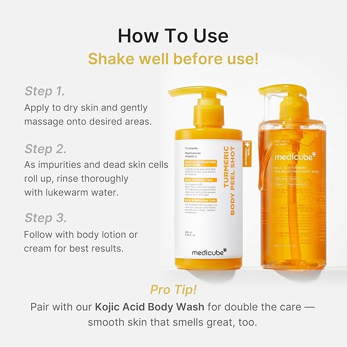 medicube Body Peel Shot with Kojic Acid and Turmeric | Gentle Body Brightening & Exfoliating Serum with BHA, LHA & PHA for Dead Skin Cells, Uneven Looking Skin & Excess Sebum | 9.46 fl.oz
