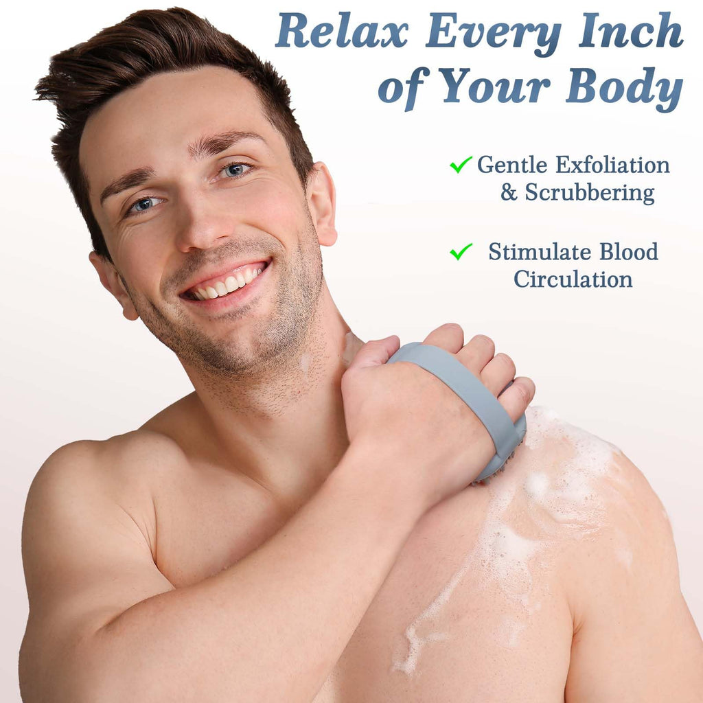 Manmihealth Silicone Body Scrubber Shower Brush Set Thin Bristles Gray