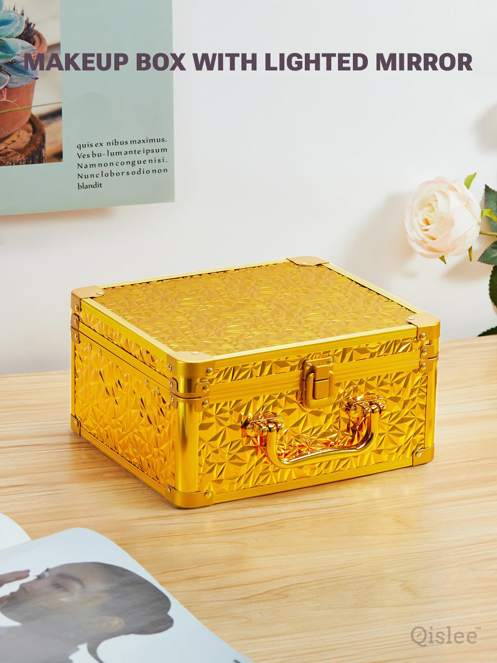 Qislee Makeup Box with A Detachable Lighted Mirror, Waterproof Travel Train Case, Cosmetic Organizer Bag and Makeup Suitcase with Adjustable Dividers, Magnetic LED Mirror (Bling Gold)