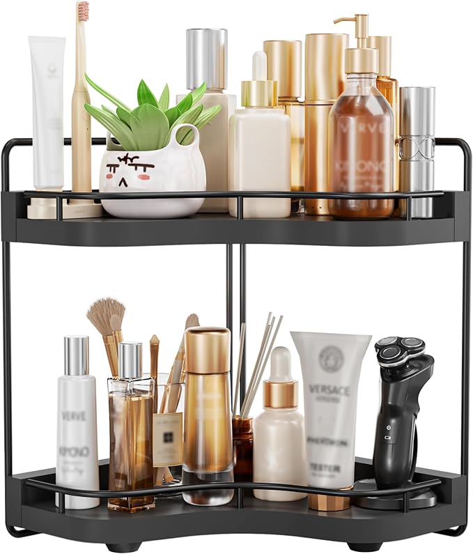 Aollewoiti 2-Tier Corner Bathroom Counter Organizer with Embedded Screw Holes, Secure & Stable Wood Vanity Shelf for Makeup and Skincare Essentials - Space Saving Bathroom Countertop Storage, Black