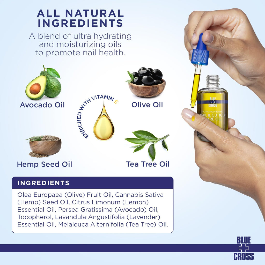 Blue Cross Nail & Cuticle Care Oil, Mineral Oil Free, Hydrating, Moisturizing, All Natural Professional Nail + Cuticle Care, Lemongrass/Lavender Scented Essential Oils, Made in USA, 1 floz/30mL